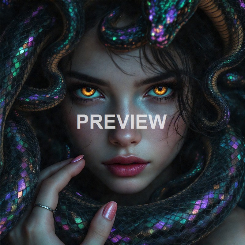 A woman with glowing golden eyes and dark, curly hair intertwined with iridescent, snake-like scales that reflect multiple colors.